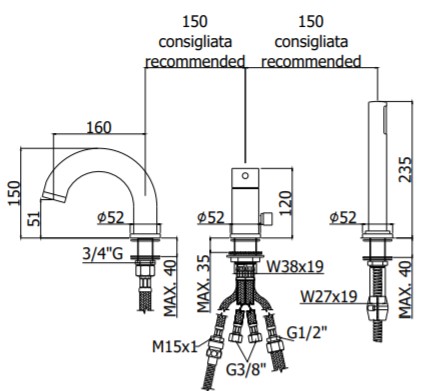 Смеситель для ванны или душа Paffoni Light LIG040LCR на борт ванны 
без термостата 