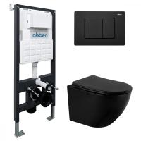 Комплект инсталляции с подвесным унитазом Abber Bequem AC1100MB-AC0105-AC0120MB крышка-сиденье в комплекте быстросъемное с микролифтом, клавиша смыва в комплекте черная матовая