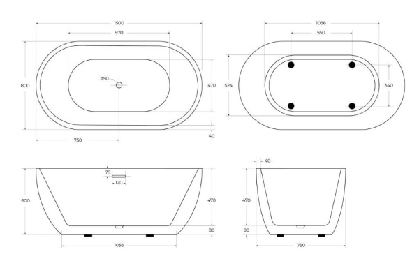 Акриловая ванна отдельностоящая BelBagno  BB70-1500-800 150x80 овальная цвет белый