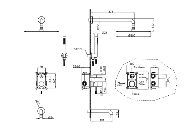 Душевая система со смесителем Boheme Uno 464-2-WG монтаж встраиваемая в стену без термостата White/Gold