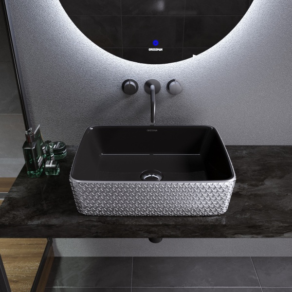 Раковина  прямоугольная Grossman Color GR-3016SBR фаянс цвет серебро-черный