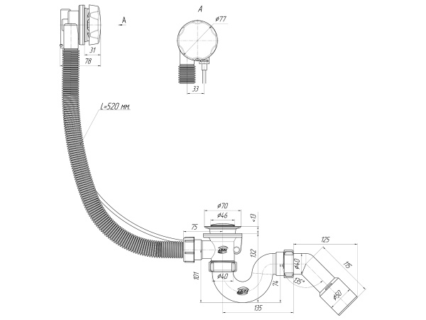 Слив-перелив для ванны Ани пласт EM311 с сифоном, пластик металл, пластик металл