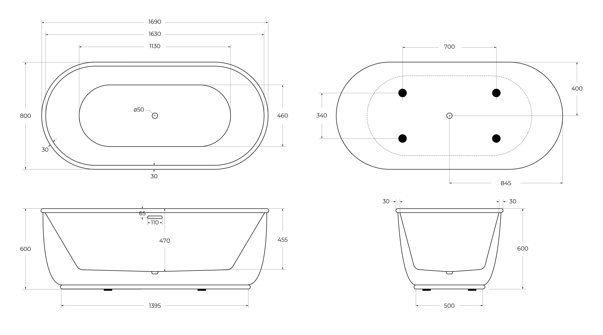 Акриловая ванна отдельностоящая BelBagno  BB401-1700-800 170x80 овальная цвет белый