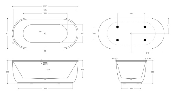 Акриловая ванна отдельностоящая BelBagno  BB401-1700-800 170x80 овальная цвет белый