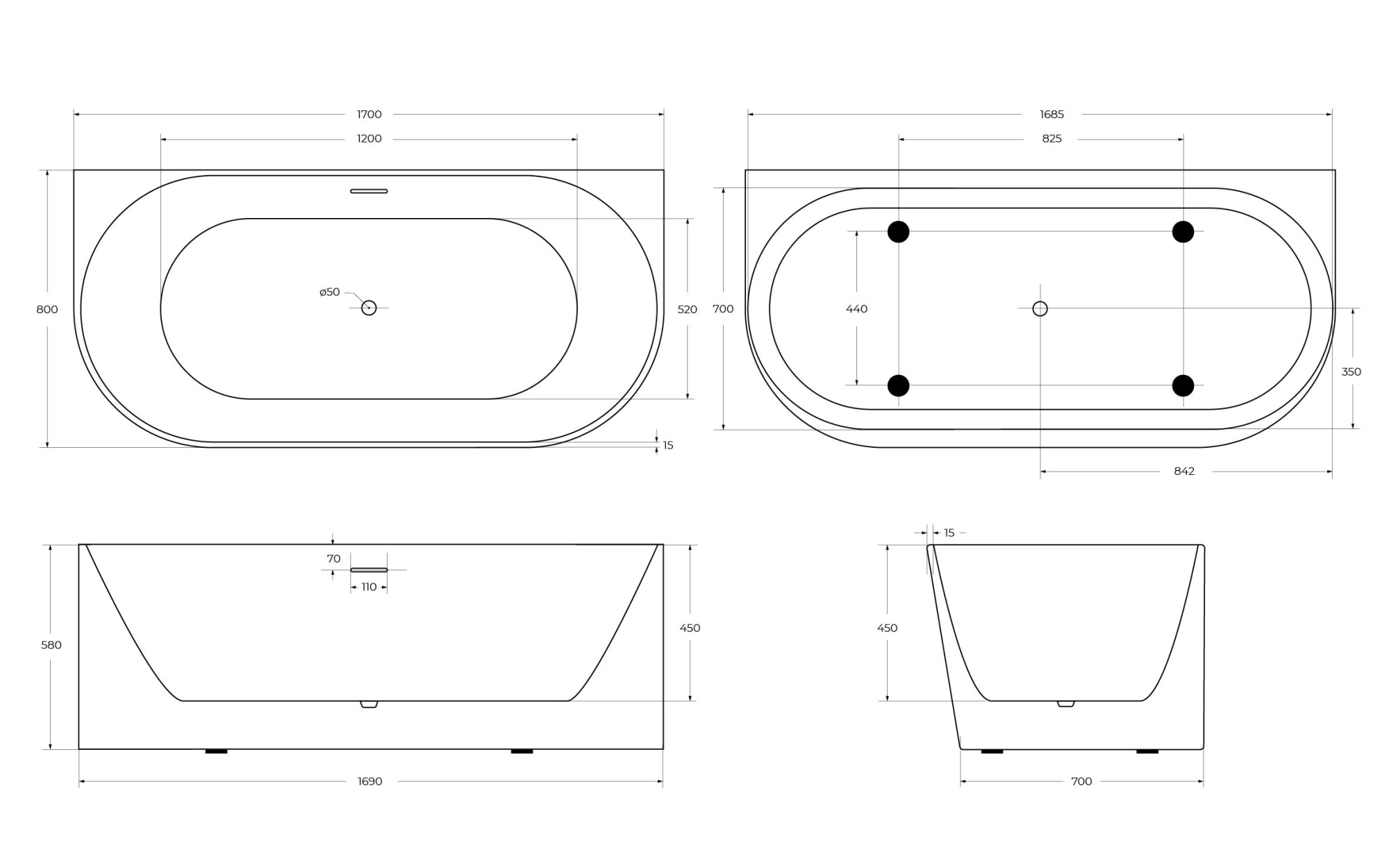 Акриловая ванна пристенная BelBagno  BB412-1700-800 170x80 овальная цвет белый