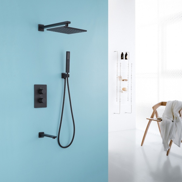 Душевая система со смесителем Abber Weiss Insel AF8050B монтаж встраиваемая в стену с термостатом черный матовый