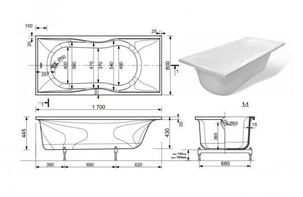 Ванна из литьевого мрамора Эстет Бета ФР-00001321 170x80