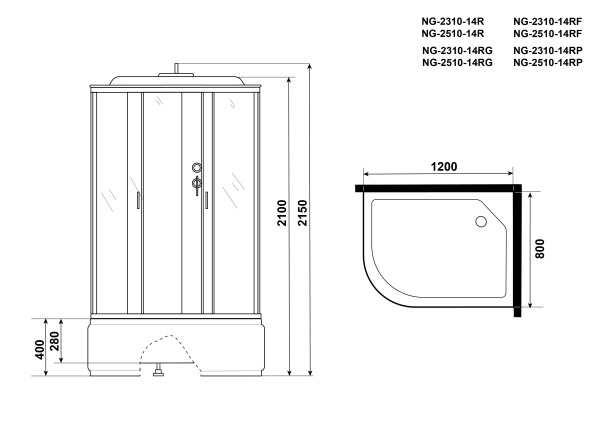 Душевая кабина с крышей Niagara Classic NG-2510-14R асимметричная  120x80 стекла тонированные, профиль матовый хром
