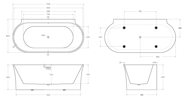 Акриловая ванна пристенная BelBagno  BB409-1700-800 170x80 овальная цвет белый
