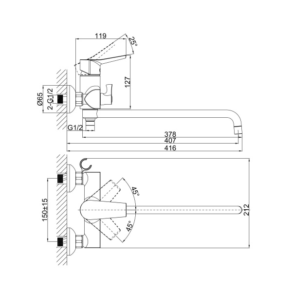 Смеситель для ванны или душа D&K Rhein DA1263341 настенный 
без термостата хром