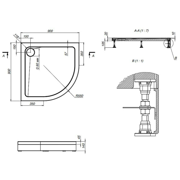 Душевой поддон низкий Am.Pm Gem W90T-401-090W четверть круга акрил 90x90 белый
