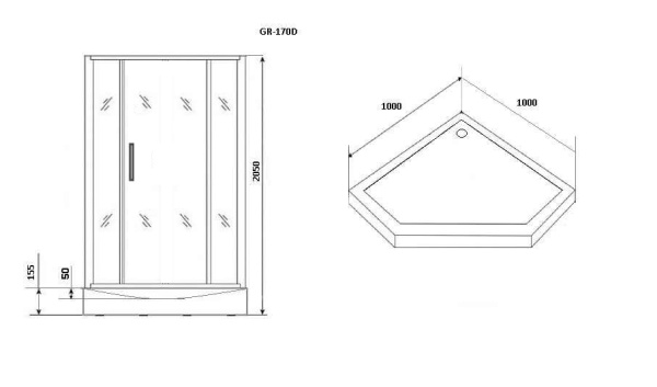 Душевая кабина без крыши Grossman  GR171D пятиугольная  90x90 стекла прозрачные с узором, профиль хром