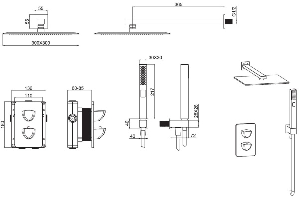 Душевая система со смесителем Allen Brau Infinity 5.21016-31 монтаж встраиваемая в стену с термостатом черный матовый
