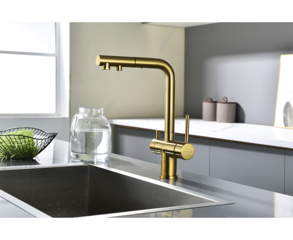 Смеситель для кухни Paulmark SERPENTINE Se213222-BG с подключением к фильтру брашированное золото