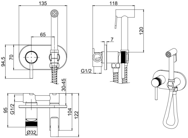 Гигиенический душ Allen Brau Priority 5.31005-31 встраиваемый в стену черный матовый