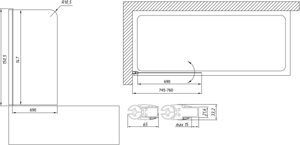 Шторка для ванны распашная  Vegas Glass EV Lux EV LUX 75 09 10 L 75 см, стекла матовые, профиль золото