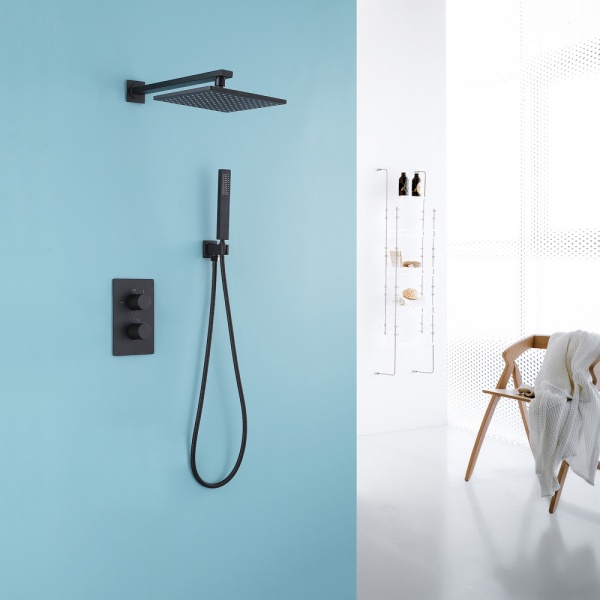 Душевая система со смесителем Abber Weiss Insel AF8051B монтаж встраиваемая в стену с термостатом черный матовый
