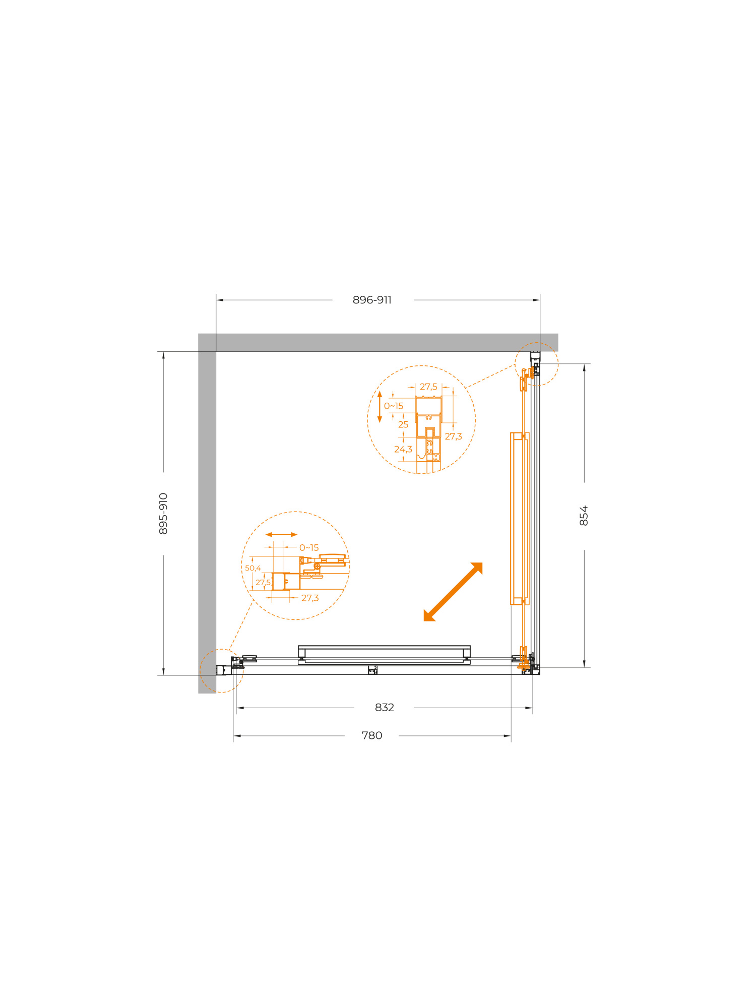 Душевой угол Cezares Lux LUX-A-FS-1-90-C-BORO квадратный 90x90 стекла прозрачные, профиль брашированное золото