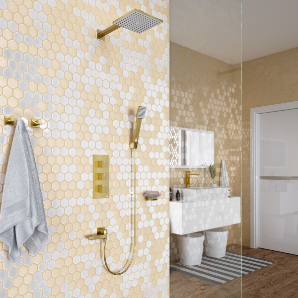 Душевая система со смесителем Timo Tetra-Thermo SX-0199/17SM монтаж встраиваемая в стену с термостатом матовое золото