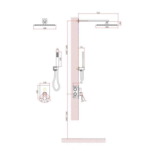 Душевая система со смесителем D&K Bayern.Liszt DA1515706A04 монтаж встраиваемая в стену без термостата серый графит
