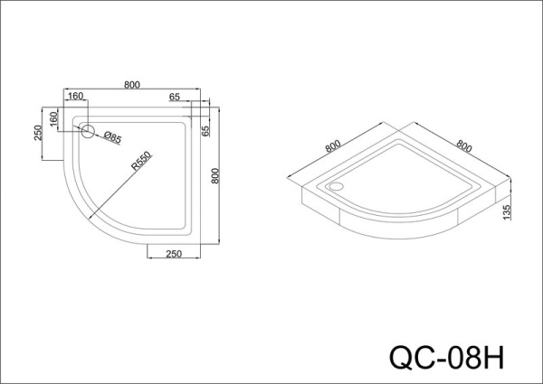 Душевой поддон низкий Black&amp;White  QC-08H четверть круга акрил 80x80 белый