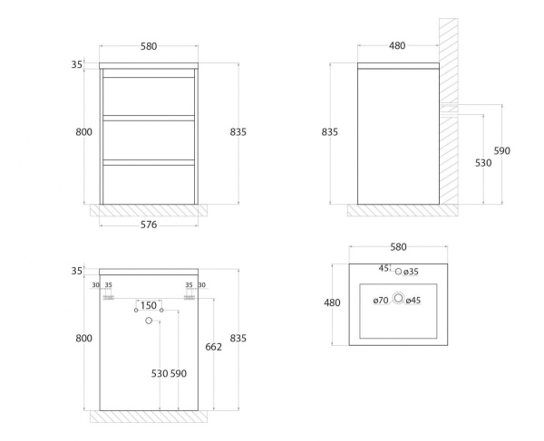 Тумба под раковину Art&Max Family Family-580-3C-PIA-PS 58 см 