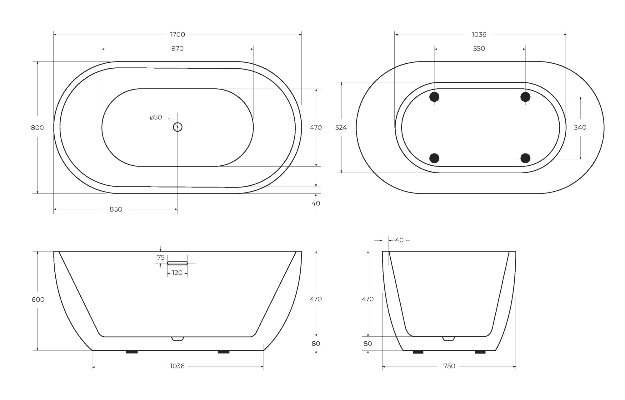 Акриловая ванна отдельностоящая BelBagno  BB70-1700-800 170x80 овальная цвет белый