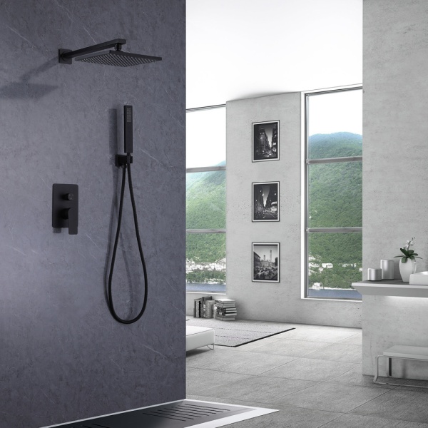 Душевая система со смесителем Abber Weiss Insel AF8018B монтаж встраиваемая в стену без термостата черный матовый