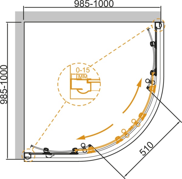Душевой угол Cezares Giubileo GIUBILEO-R-2-100-SCORREVOLE-CP-G четверть круга  стекла , профиль 
