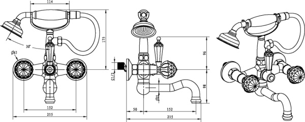Смеситель для ванны или душа Boheme Brillante Presente 353 настенный 
без термостата хром