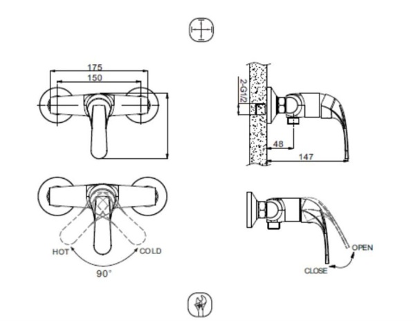 Смеситель для душа Bravat Fit F9135188CP-01-RUS настенный 
без термостата хром