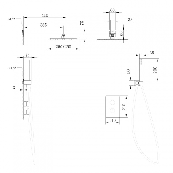 Душевая система со смесителем Abber Weiss Insel AF8051 монтаж встраиваемая в стену с термостатом хром