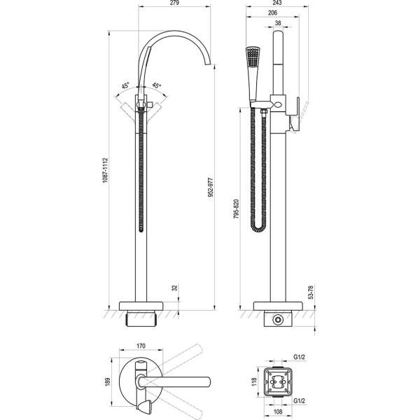 Смеситель для ванны Ravak Freedom X070435 напольный 
без термостата черный матовый