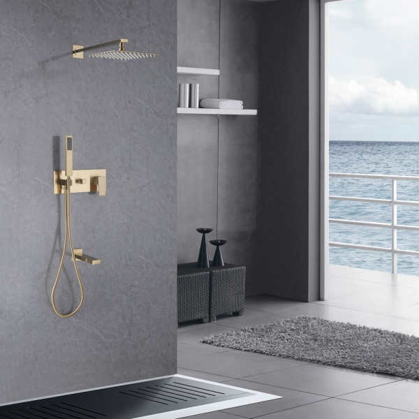 Душевая система со смесителем Abber Daheim AF8217G монтаж встраиваемая  в стену без термостата матовое золото