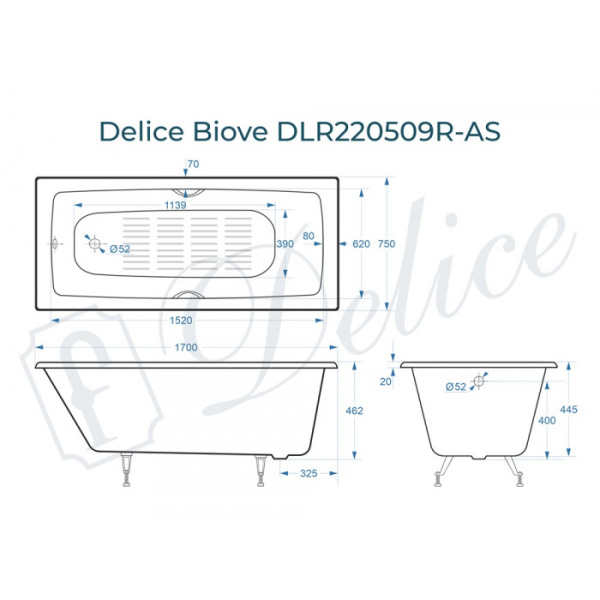 Чугунная ванна Delice Biove DLR220509R-AS 170x75 чугун