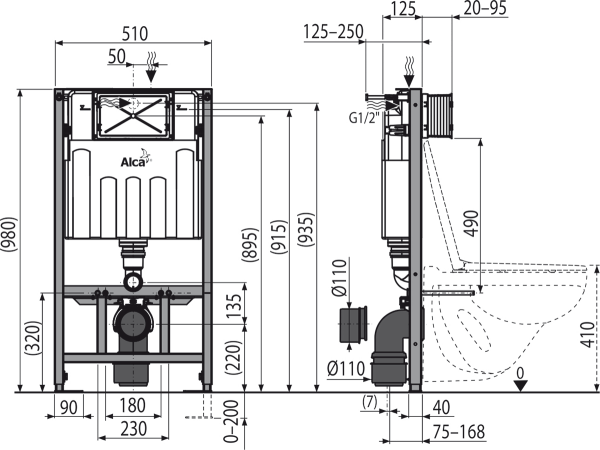 Инсталляция для подвесного унитаза AlcaPlast Sádromodul AM101/1000 механическая