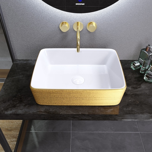 Раковина  прямоугольная Grossman Color GR-3016GW фаянс цвет белый-золото