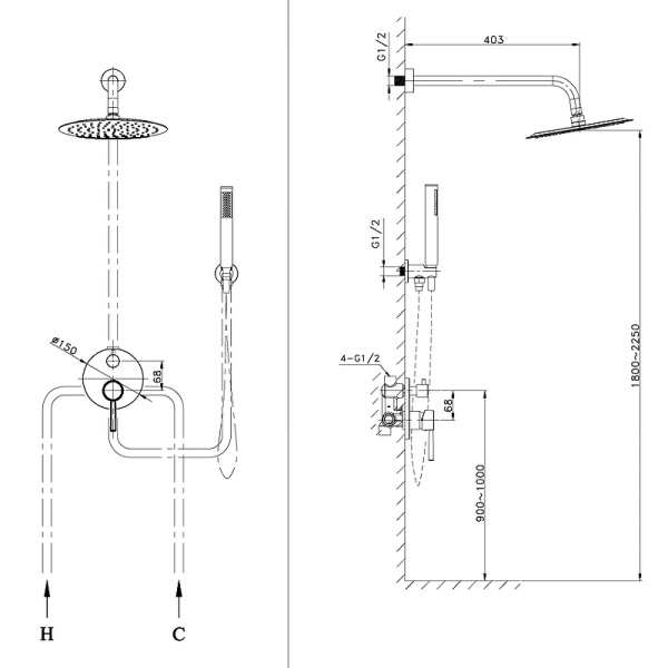 Душевая система со смесителем Raiber Graceful RP-005 монтаж встраиваемая в стену без термостата хром