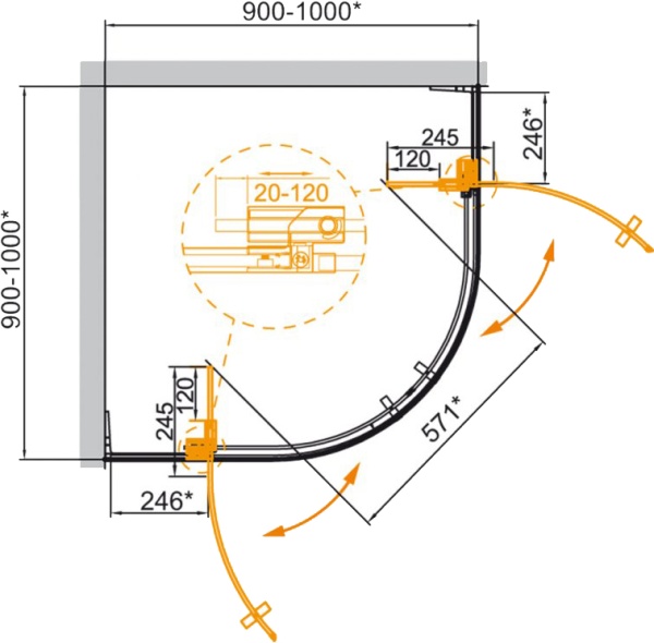 Душевой угол Cezares Slider SLIDER-R-2-90/100-C-Cr четверть круга  стекла , профиль 