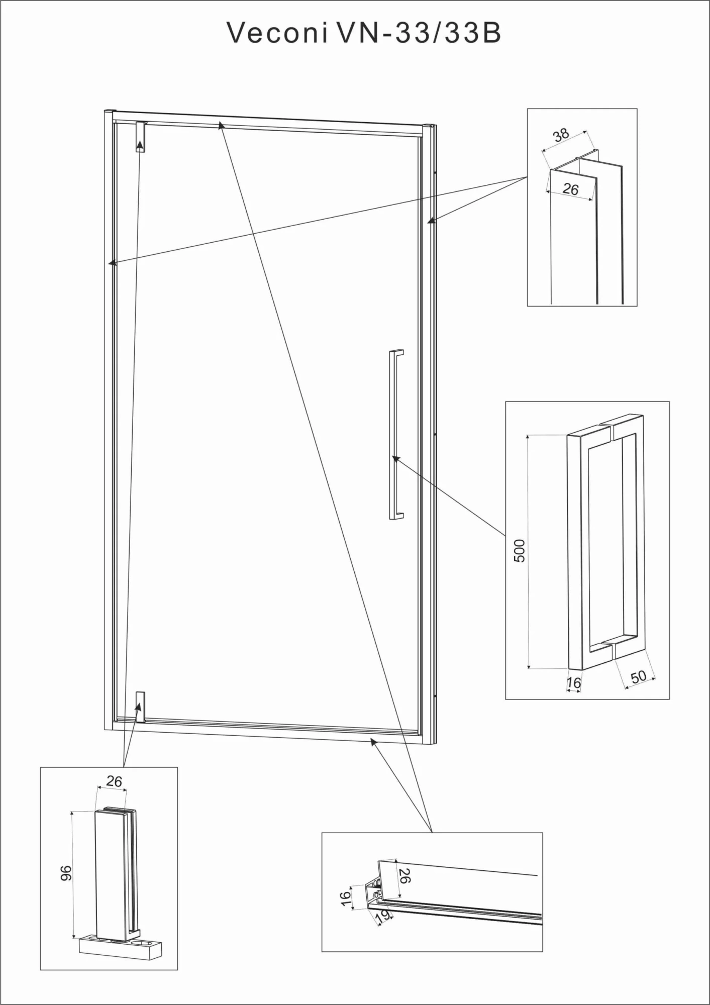 Душевая дверь Veconi Vianno VN33B-70-01-C7 70 см стекла прозрачные, профиль черный