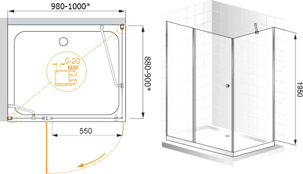 Душевой угол Cezares Elena ELENA-AH-1-100/90-C-Cr прямоугольная  стекла , профиль 