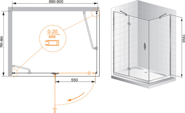 Душевой угол Cezares Bergamo BERGAMO-AH-1-90/80-C-Cr-L прямоугольная  стекла прозрачные, профиль хром