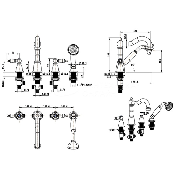 Смеситель для ванны Boheme Royal Cristal 396-Royal/CRST на борт ванны 
без термостата хром