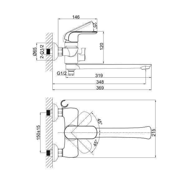 Смеситель для ванны или душа D&K Venice DA1023301 настенный 
без термостата хром