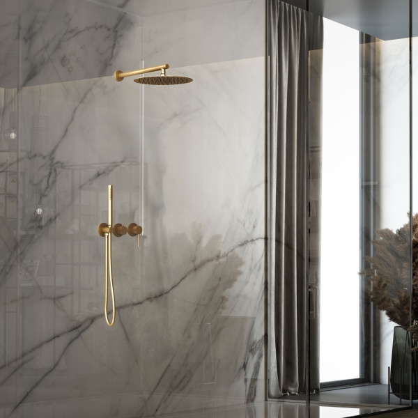 Душевая система со смесителем Vincea  VSFW-4G01BG4 монтаж встраиваемая в стену с термостатом брашированное золото