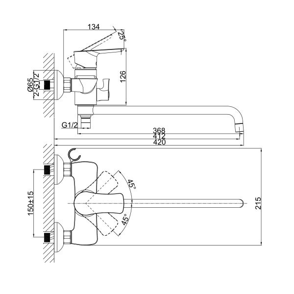 Смеситель для ванны или душа D&K Rhein DA1273341 настенный 
без термостата хром