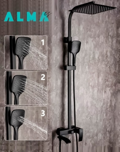 Душевая система со смесителем ALMAes Turia SDI-1808 монтаж настенная без термостата черный матовый