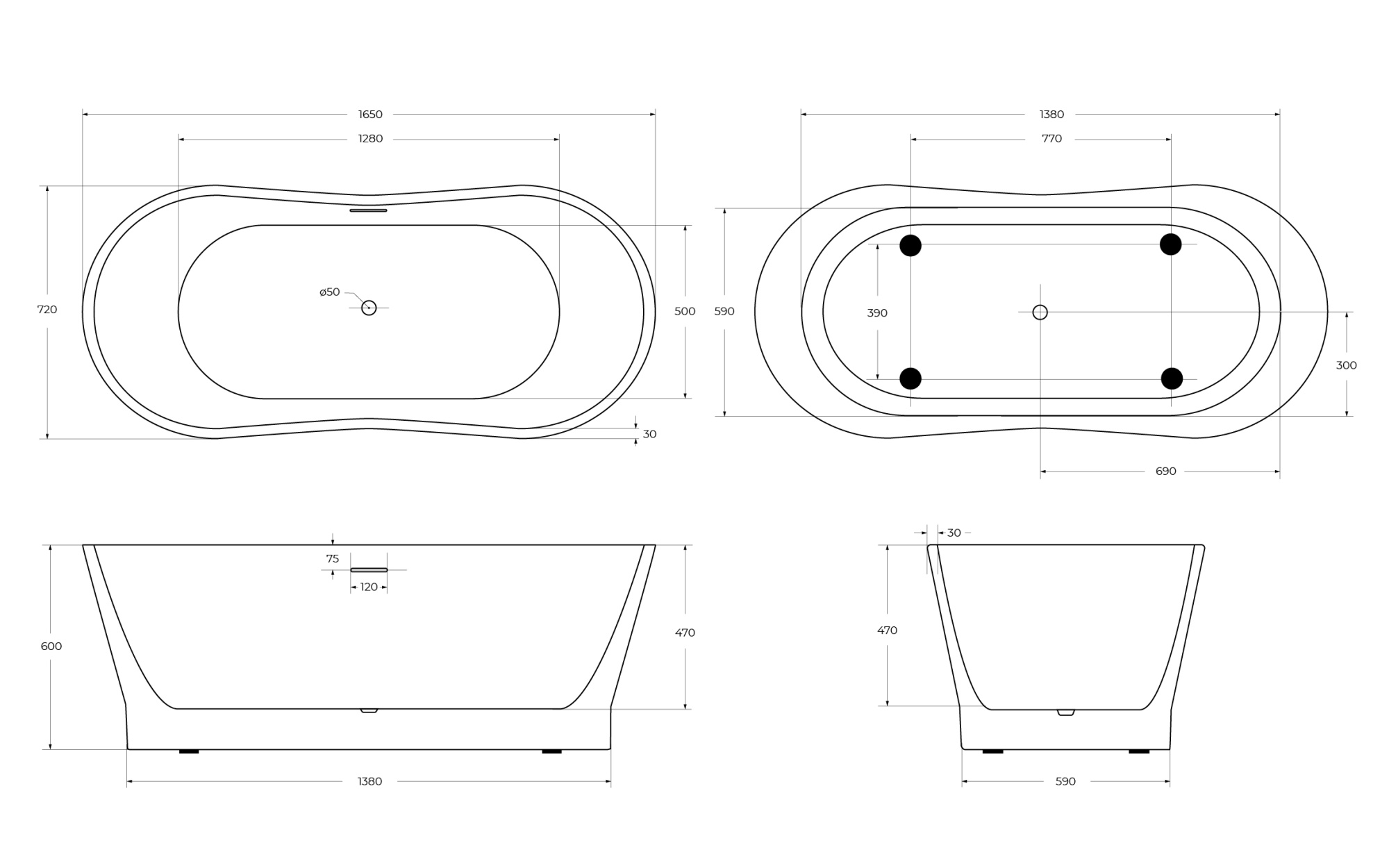 Акриловая ванна отдельностоящая BelBagno  BB406-1650-730 165x75 овальная цвет белый