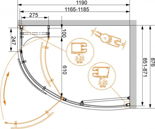 Душевой угол Cezares Elena ELENA-W-RH-1-120/90-P-Cr-R прямоугольная-асимметричная  стекла , профиль 