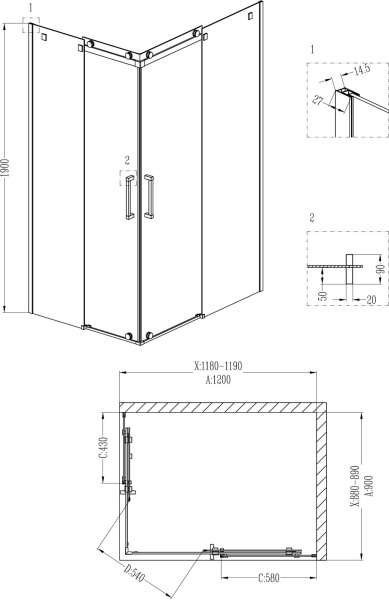 Душевой угол Grossman Cosmo GR-1120R прямоугольная  стекла , профиль 